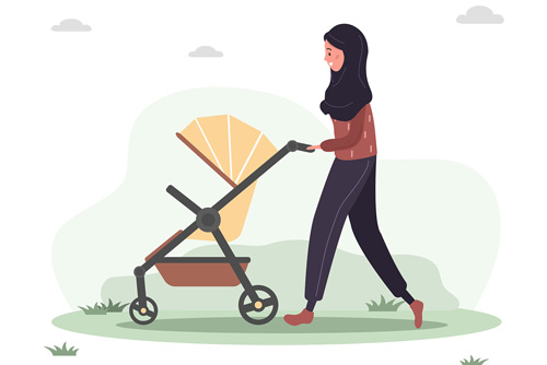 وکتور ویژه روز مادر شامل مادر با حجاب اسلامی در حال پیاده‌روی با کالسکه کودک فایل EPS